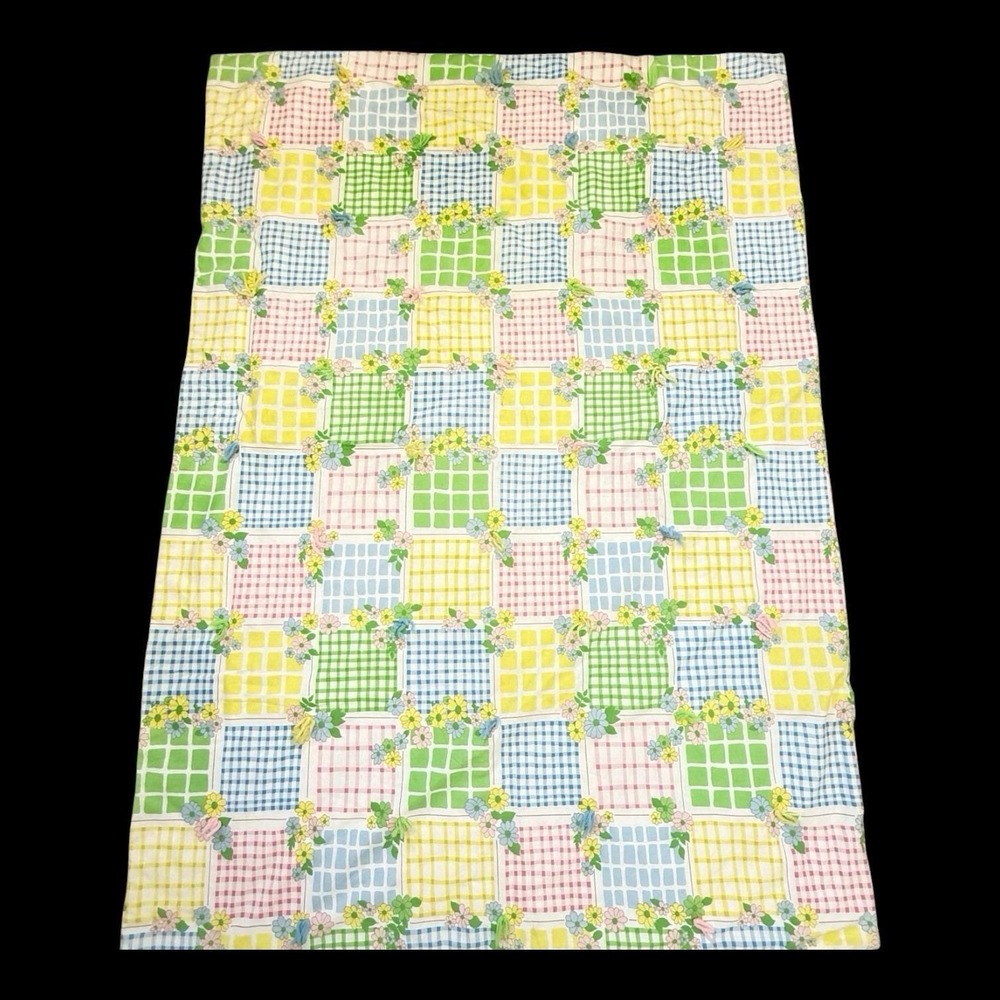 Vintage Quilt Blanket 65x45 Floral Gingham Patchwork Tied Pastel Nursery Retro